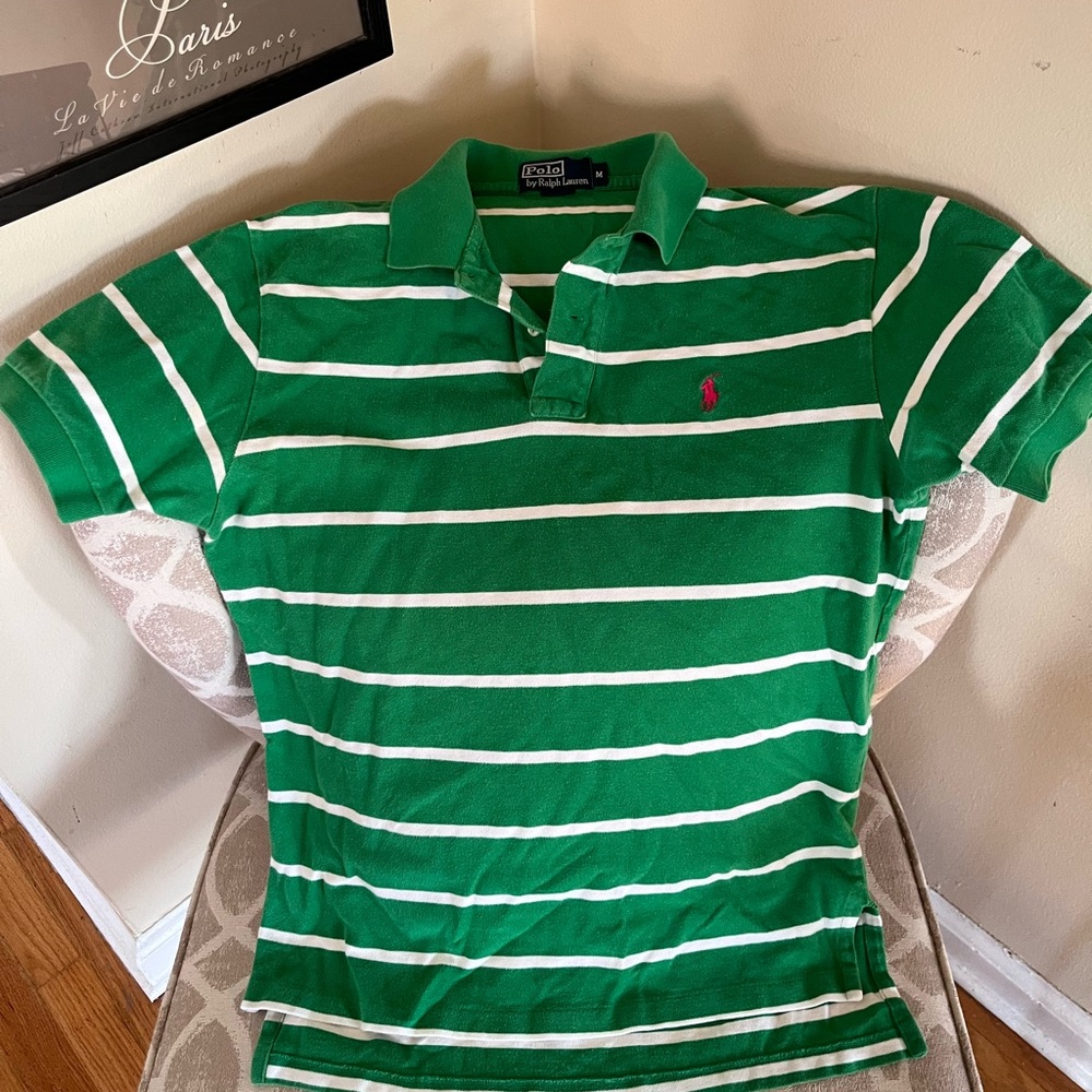 Polo by Ralph Lauren Green and White Striped Knit Shirt Sz Medium
100% Cotton